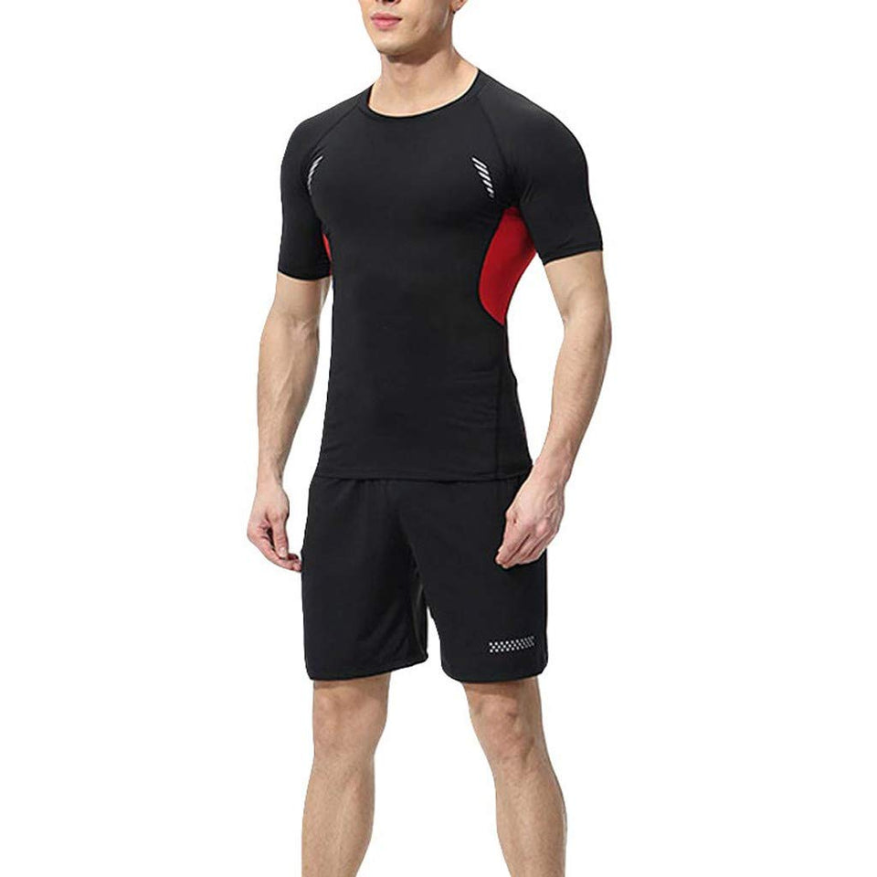 Hunzed Men Clothing Conjunto de Fitness Ajustado para Hombre, de Secado rápido, Manga Corta, Pantalones Cortos de Ejercicio, Gimnasio, Playera y Pantalones elásticos para Correr